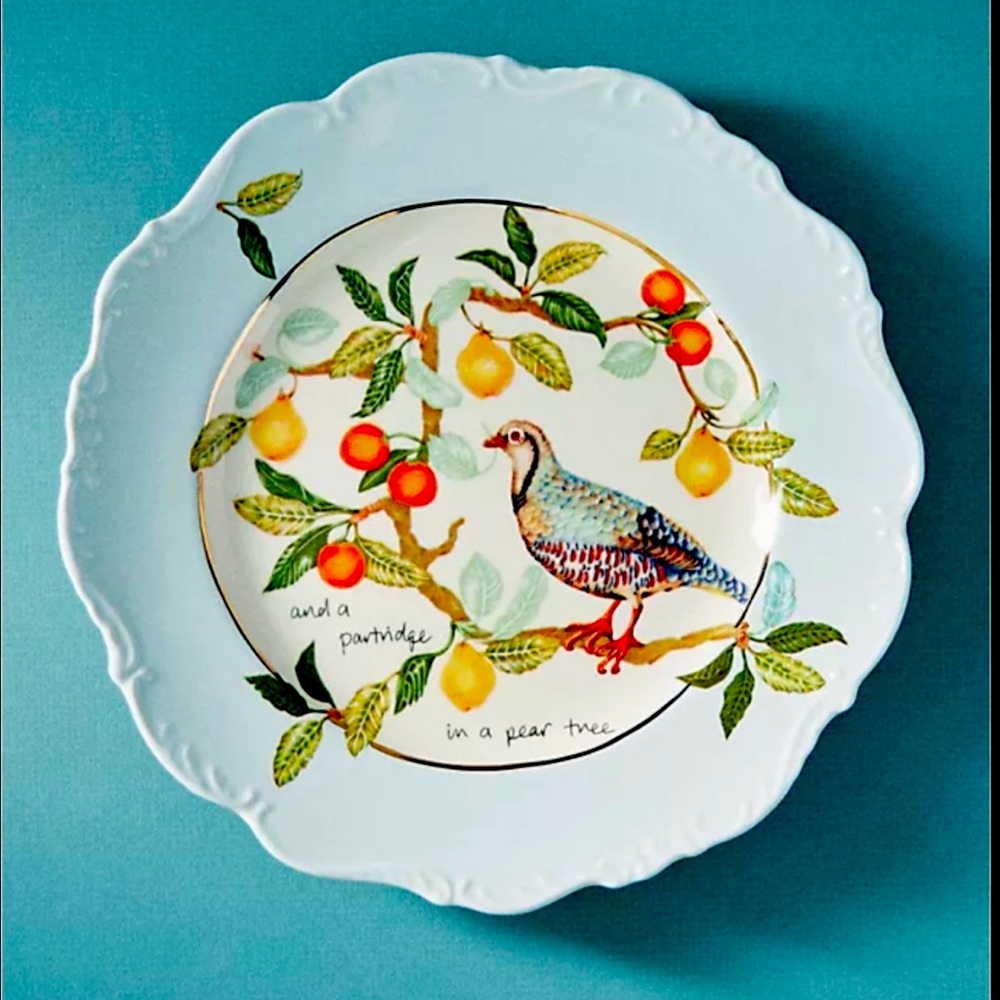 Anthropologie Lou Rota 12 Days of Christmas Dessert Plate 1 Partridge Pear Tree